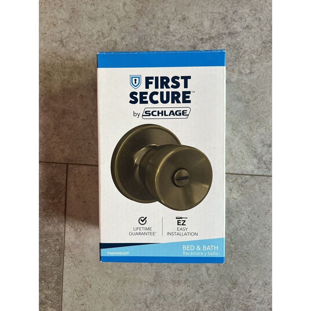 NEW Schlage First Secure‎ Bed and Bath Hawkins Antique Brass Knob